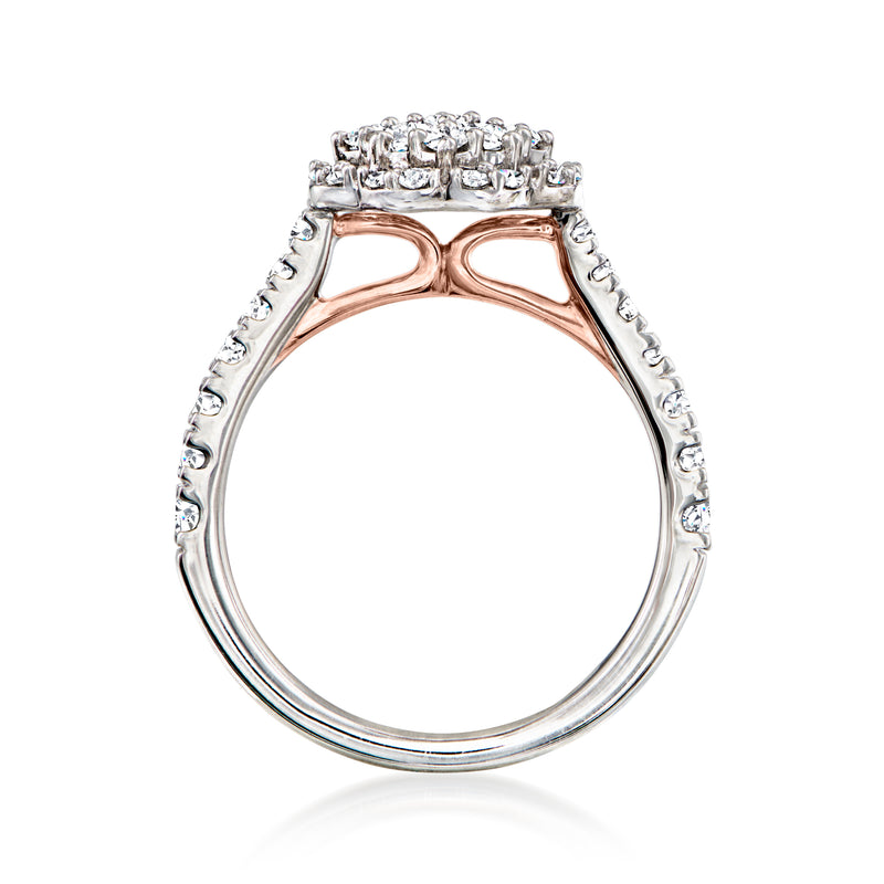 Diamond cluster ring in two-tone gold, side view with pavé shoulders