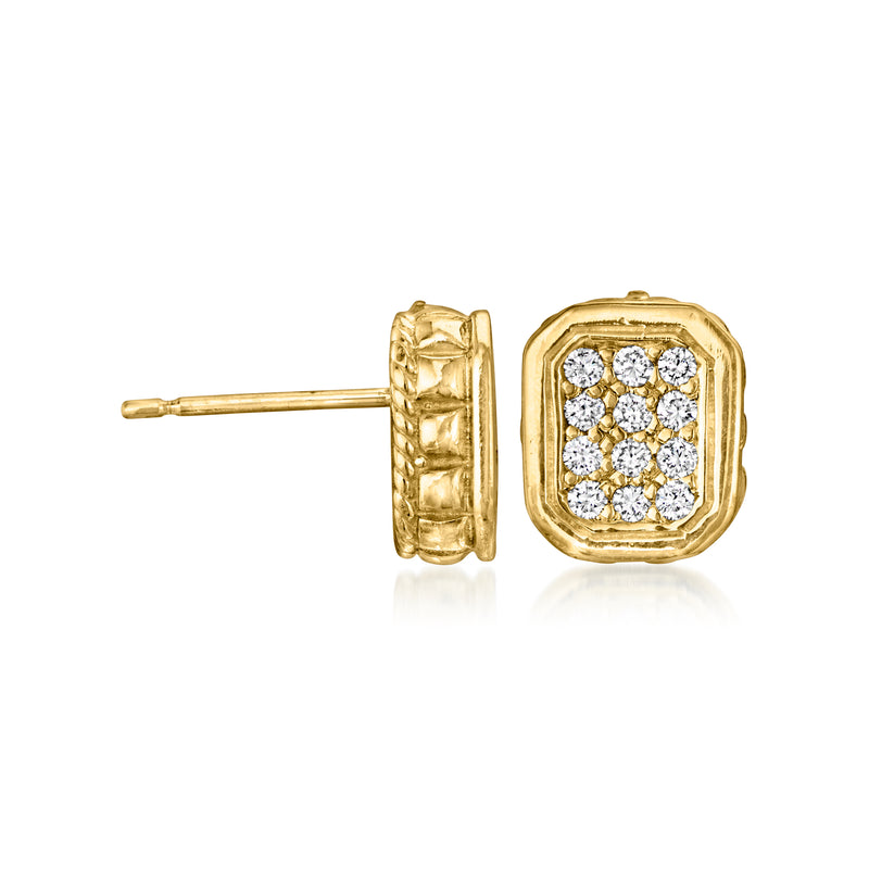 Yellow gold post earrings with square diamond cluster setting, side view