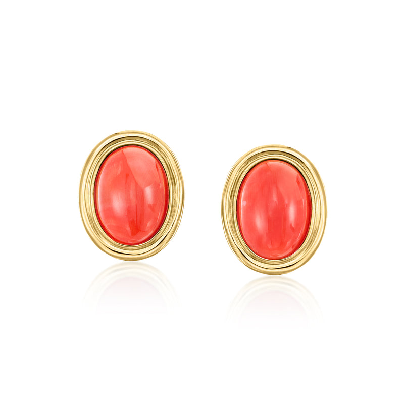 Vintage red coral oval cabochon post earrings in 14kt yellow gold bezel