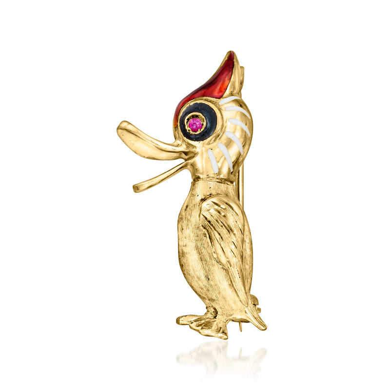 Vintage gold bird pin with multicolor enamel, red gem, detailed raised feathers