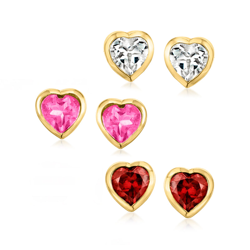Multi-heart stud earring set with white, pink, and red stones in gold-tone settings