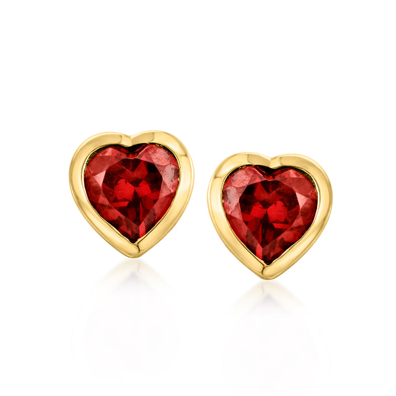 Red heart stud earrings in gold-tone with faceted gemstone centers
