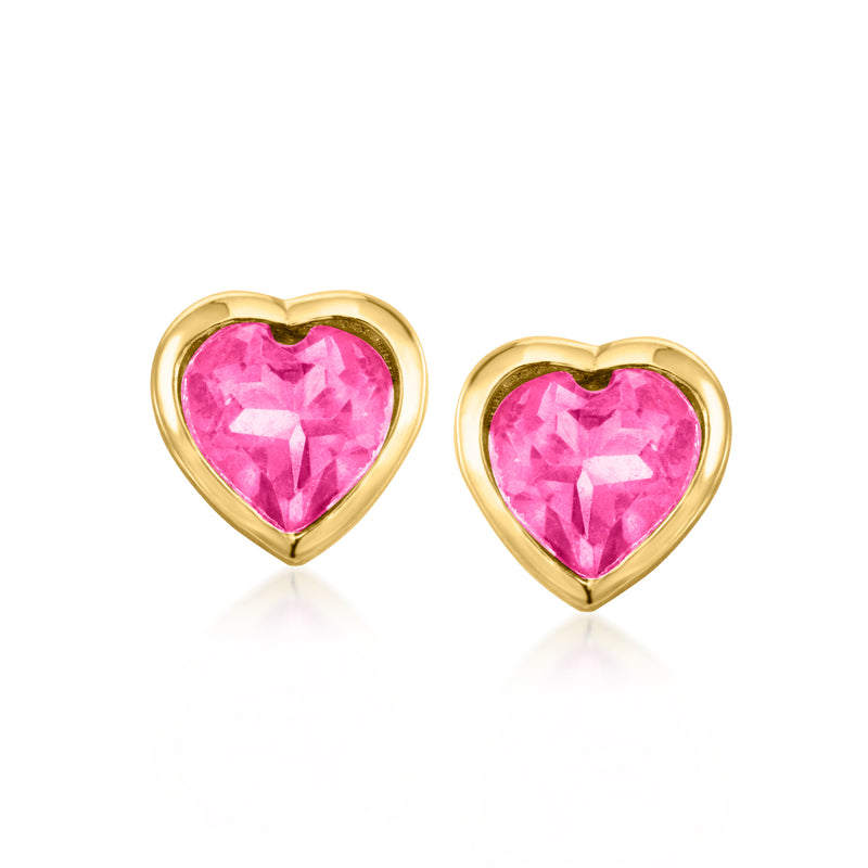 Pink heart stud earrings in gold-tone with faceted gemstone centers