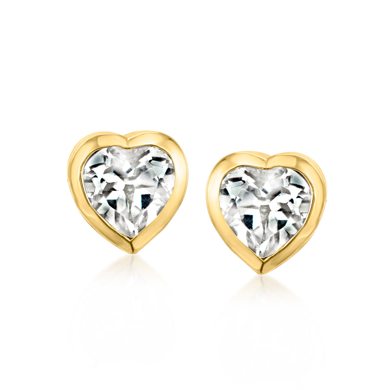 White heart stud earrings in gold-tone with faceted gemstone centers