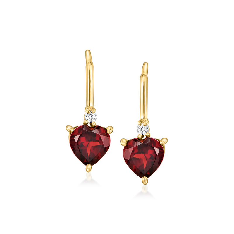 Gold heart drop earrings with red garnet heart and white zircon accents