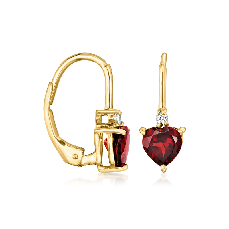 Gold heart drop earrings showing red garnet hearts with white zircon details