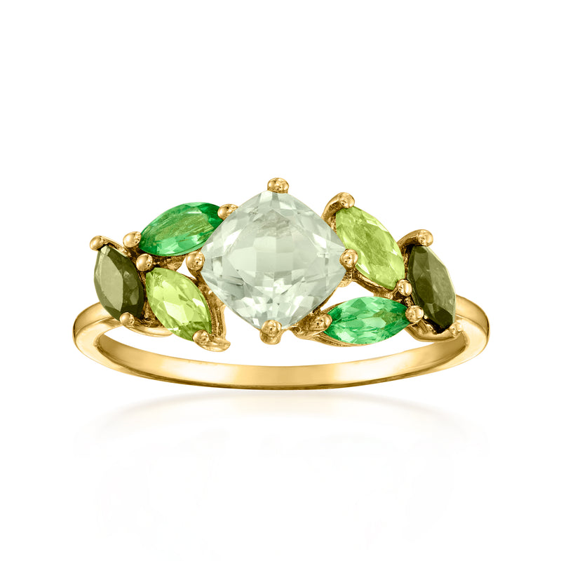 14kt yellow gold multi-gemstone ring with green and clear cushion-cut center