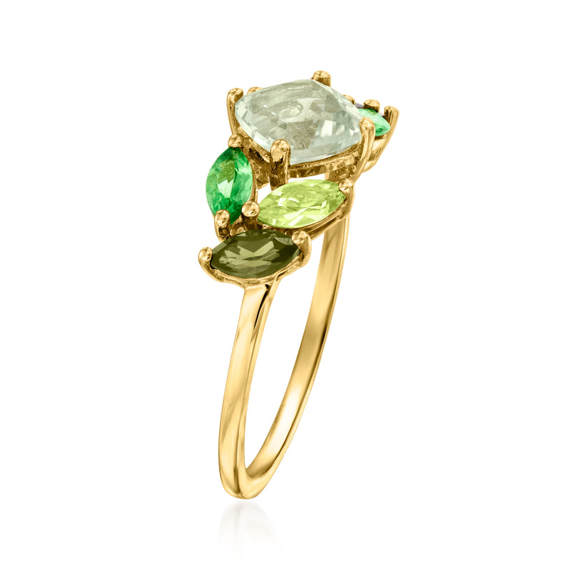 14kt yellow gold multi-gemstone ring, angled view with green oval and clear cushion