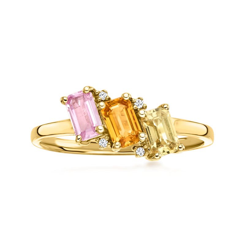 14kt yellow gold ring with pink, orange, and yellow sapphire-style stones and diamonds