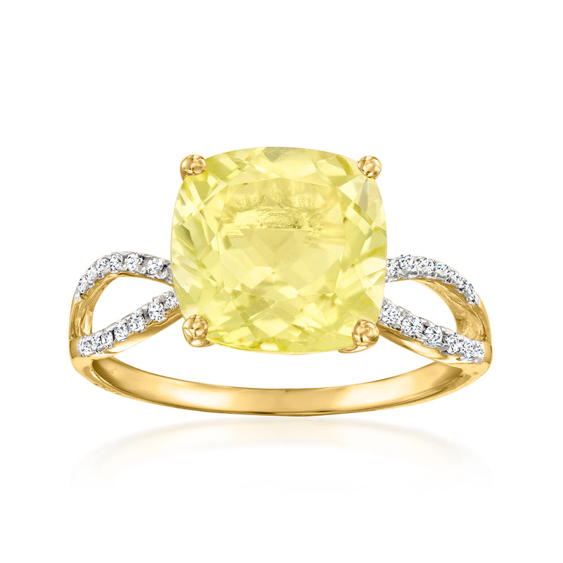 14kt yellow gold ring with cushion-cut lemon quartz center and diamond side bands