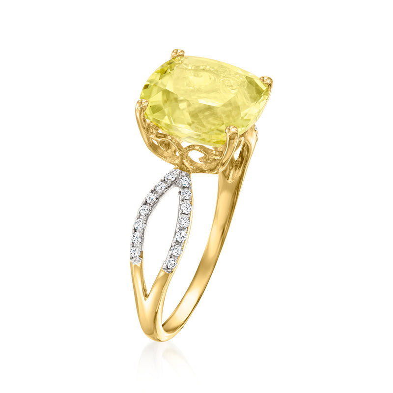 Yellow gold ring with cushion-cut lemon quartz top and baguette diamond sidestones