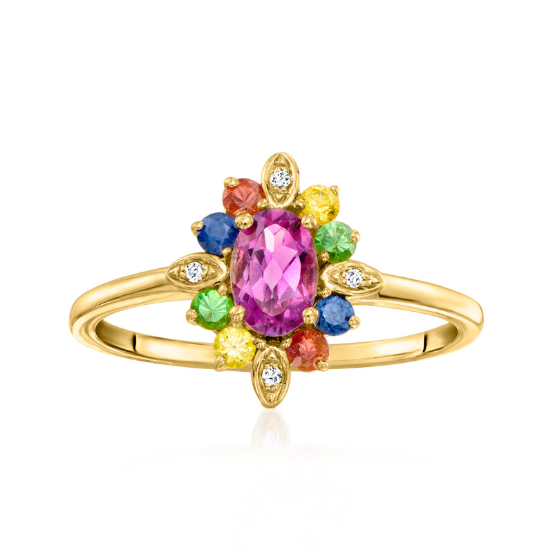 14kt yellow gold multi-gemstone ring with purple oval center and diamond accents