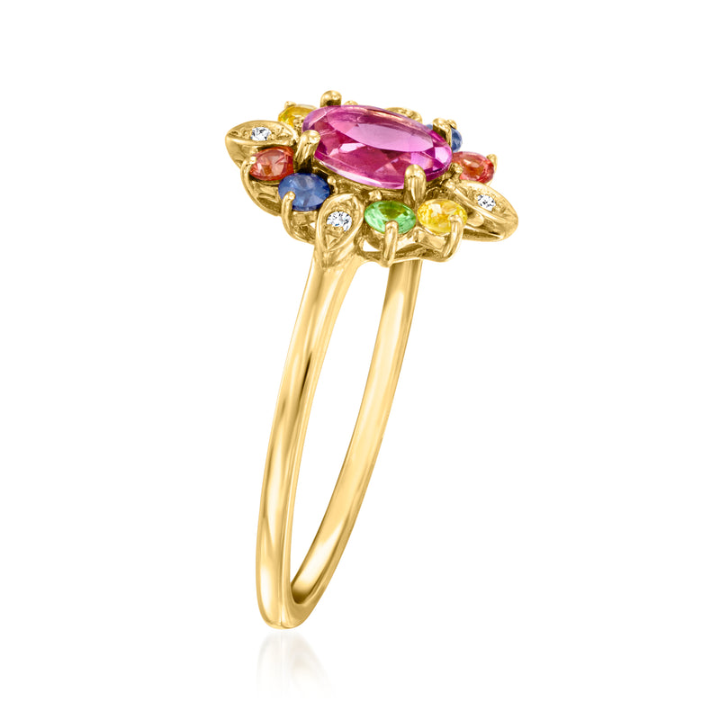 14kt yellow gold multi-gemstone ring with oval pink center and colorful side gems