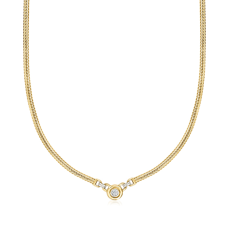 Two-tone 14kt gold wheat-link diamond necklace with round center stone