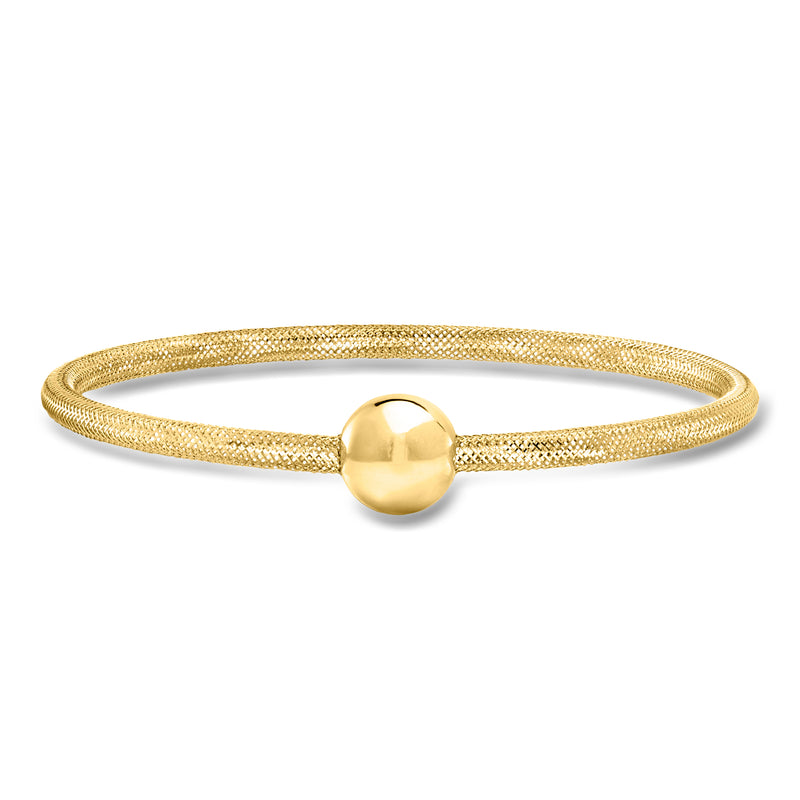 Gold bead mesh stretch bracelet with round 14kt yellow gold centerpiece charm