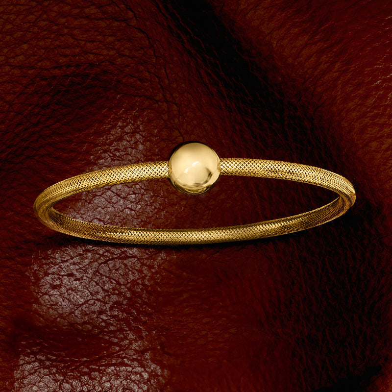 Gold bead mesh stretch bracelet with round gold bead centerpiece charm