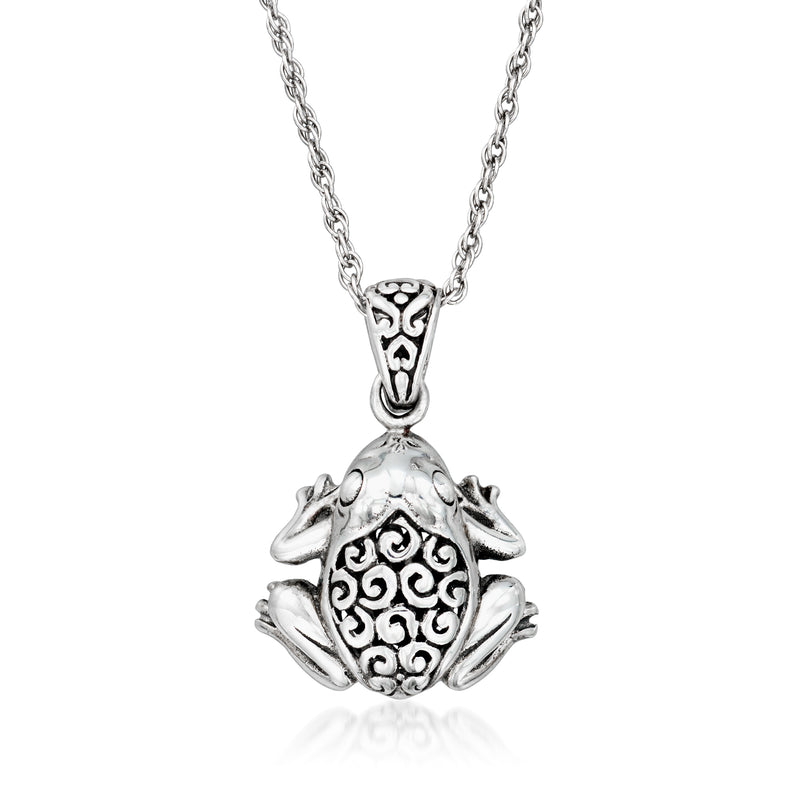 Sterling silver frog pendant necklace with detailed Bali-style filigree bail