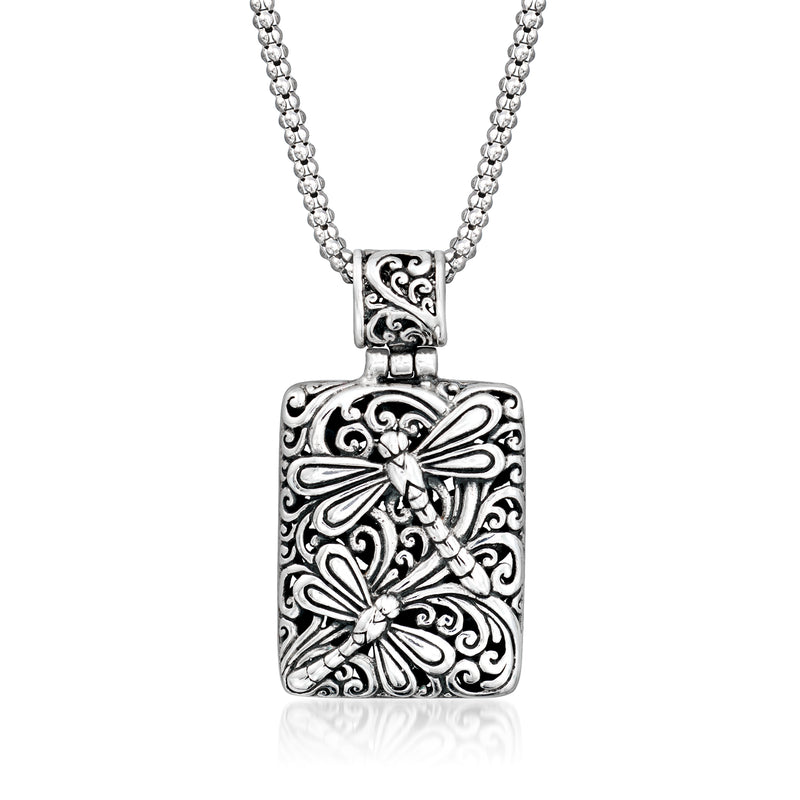 Sterling silver dragonfly pendant necklace with ornate filigree square locket