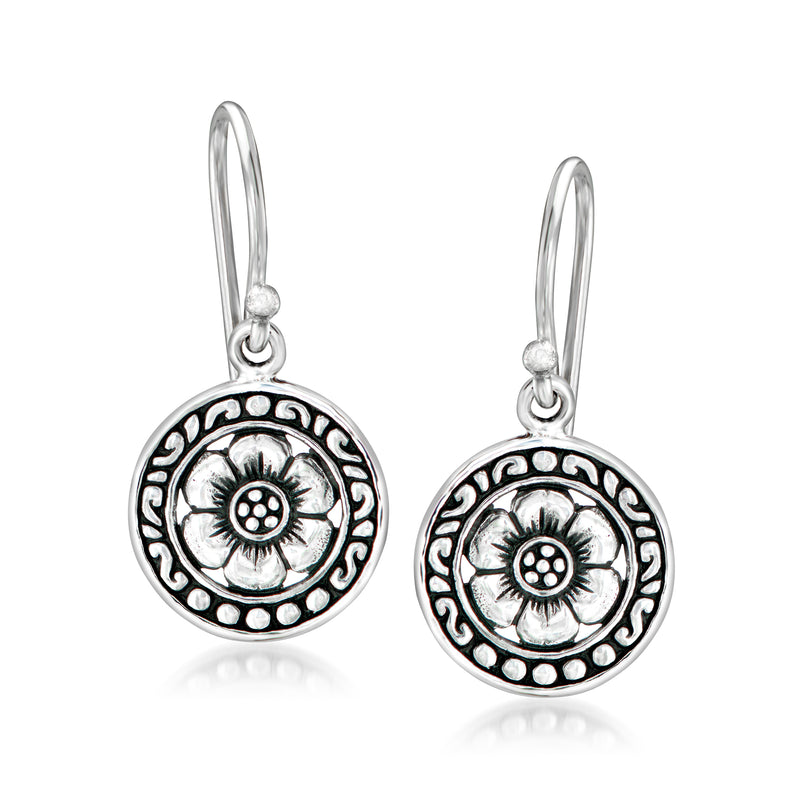 Sterling silver Bali-style flower disc drop earrings with round embossed floral medallion