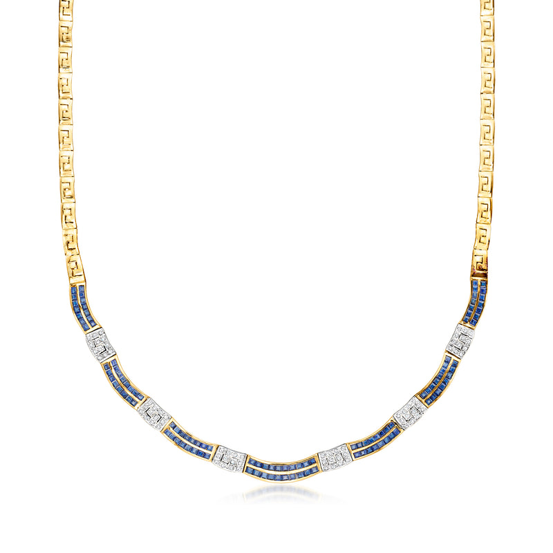 18kt yellow gold scalloped sapphire and diamond necklace with blue gemstone segments