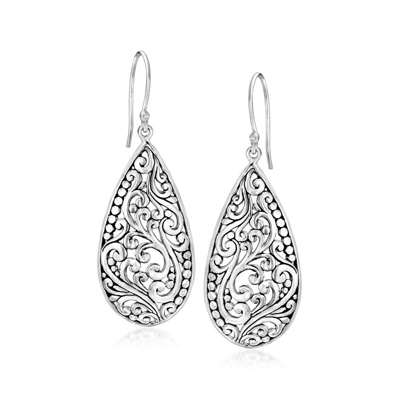 Sterling silver filigree teardrop earrings with ornate swirl openwork and earwire hooks