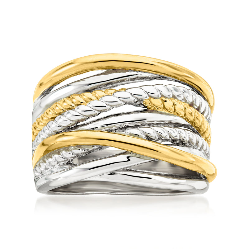 Two-tone silver ring with gold over braided bands, stacked band design