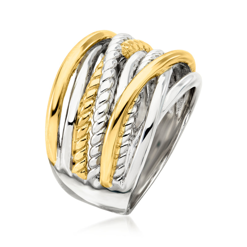 Gold and silver braided bands ring with raised ridged oval top