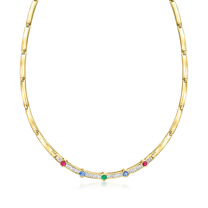 18kt yellow gold link necklace with multicolor gemstones and small diamond accents