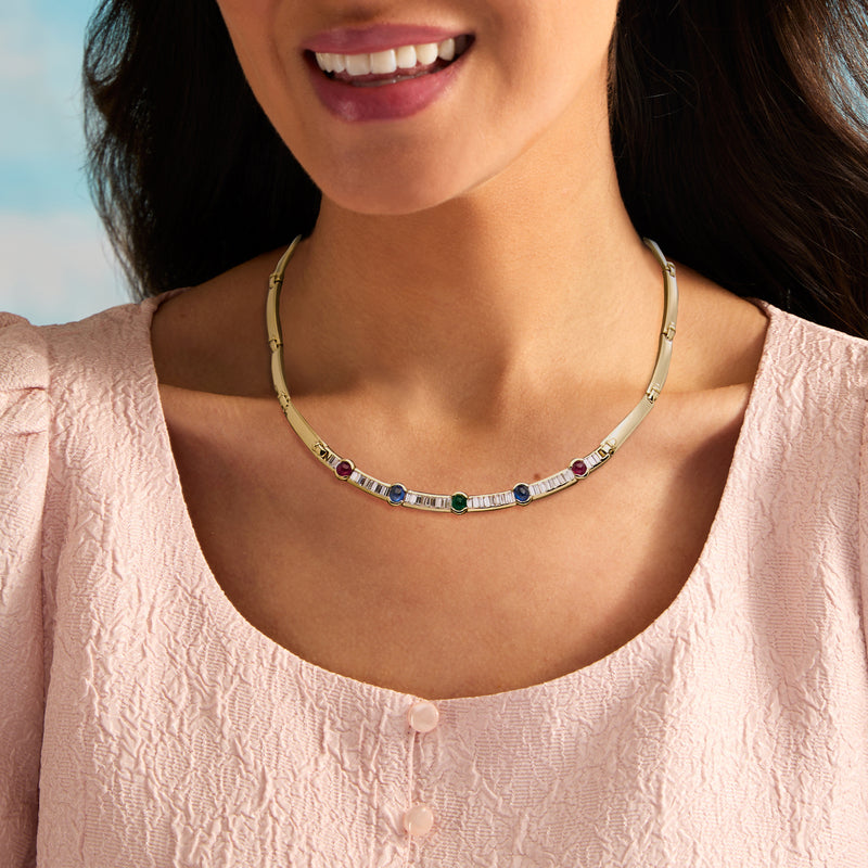 Multicolor gemstone and diamond-accent yellow gold link necklace worn on neck