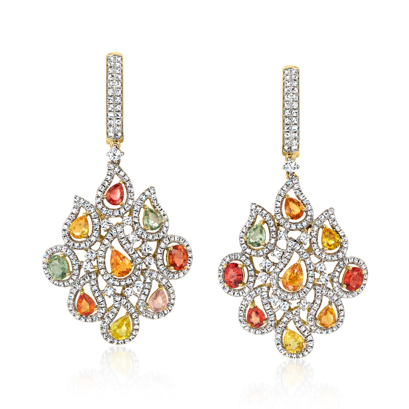Multicolored sapphire and diamond drop earrings, yellow gold with post backs
