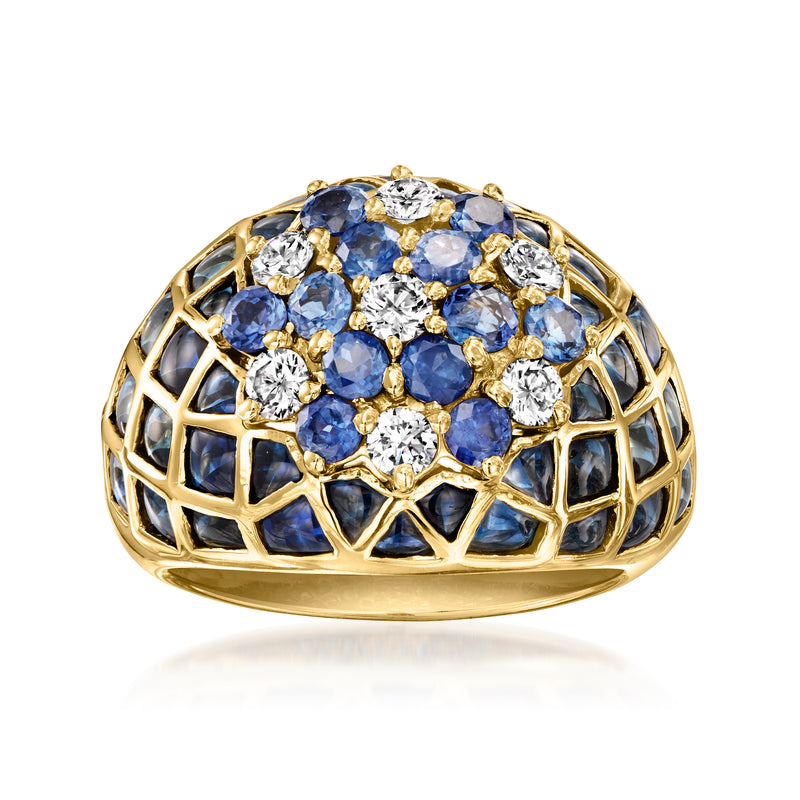 Vintage yellow gold cluster ring with blue sapphires and white diamonds, lattice setting