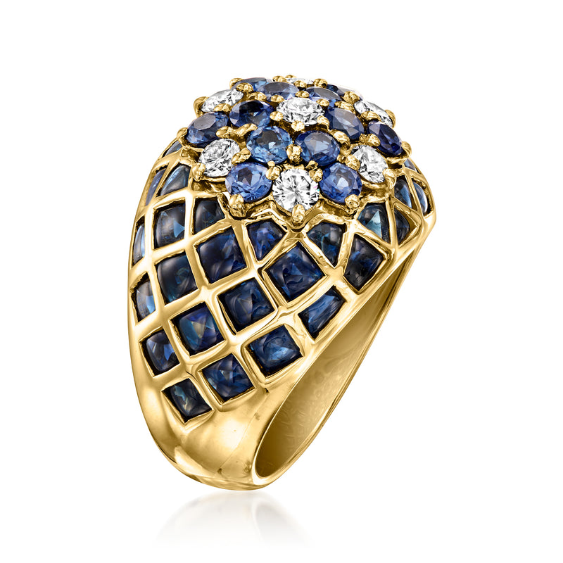 Yellow gold ring with blue sapphire cluster and white diamond accents, lattice band