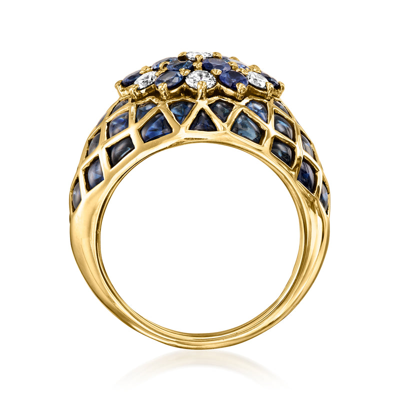 Yellow gold sapphire-and-diamond cluster ring, openwork lattice band