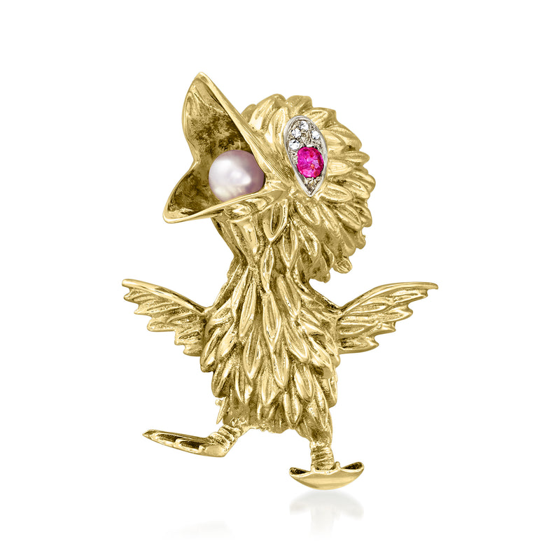 Vintage gold bird pin with cultured pearl, ruby oval, and small diamond accents
