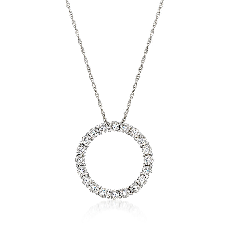 Vintage diamond circle pendant necklace in 14kt white gold with halo of round stones