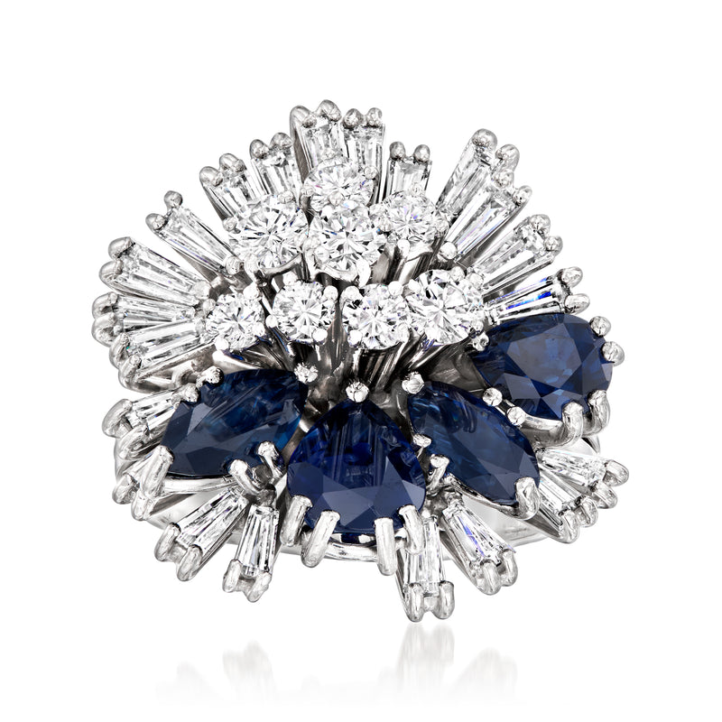 14kt white gold diamond and sapphire cluster cocktail ring with blue marquise stones