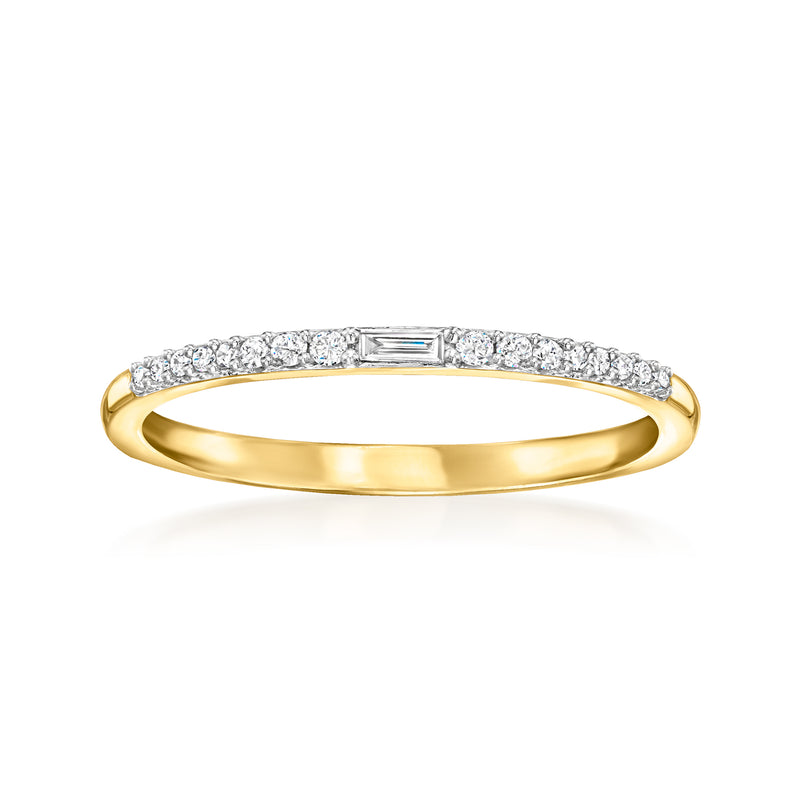 14kt yellow gold diamond ring with channel-set baguette center and round side stones