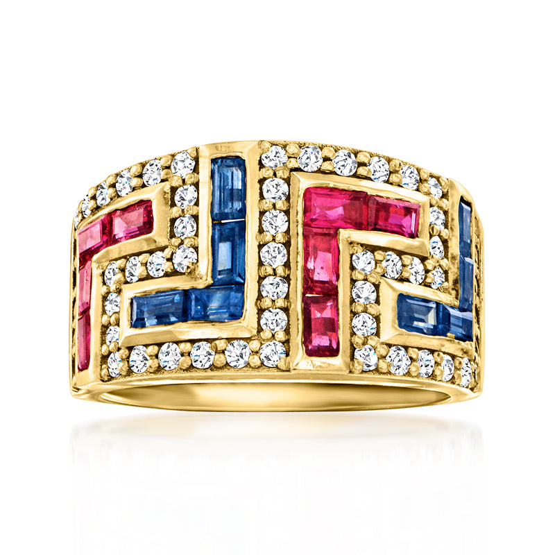 Vintage yellow gold ring with pink and blue gemstones and diamond accents