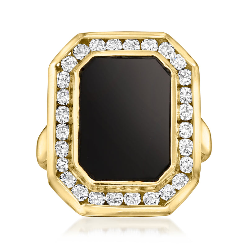 18kt yellow gold vintage ring with black onyx center and diamond halo