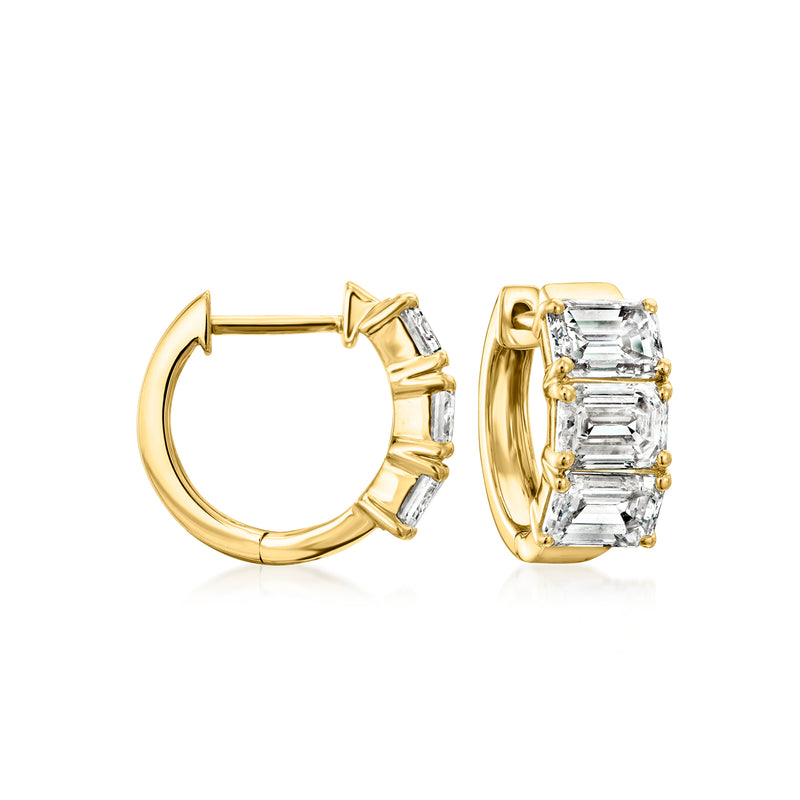 Yellow gold huggie hoop earrings with emerald-cut lab-grown diamond accents