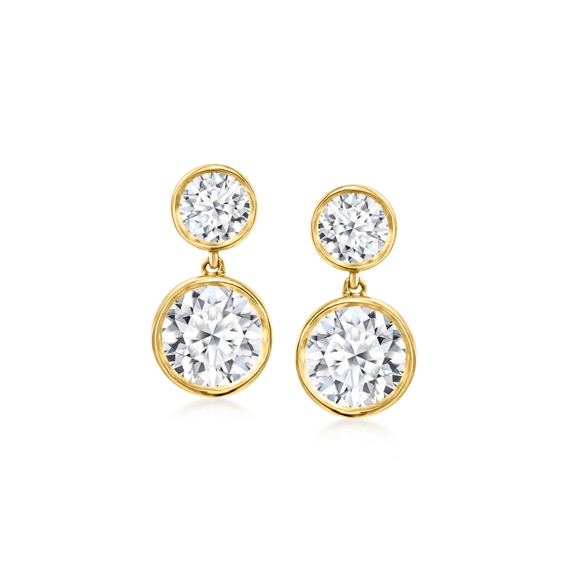 14kt yellow gold bezel-set round diamond drop earrings with top and larger bottom stones