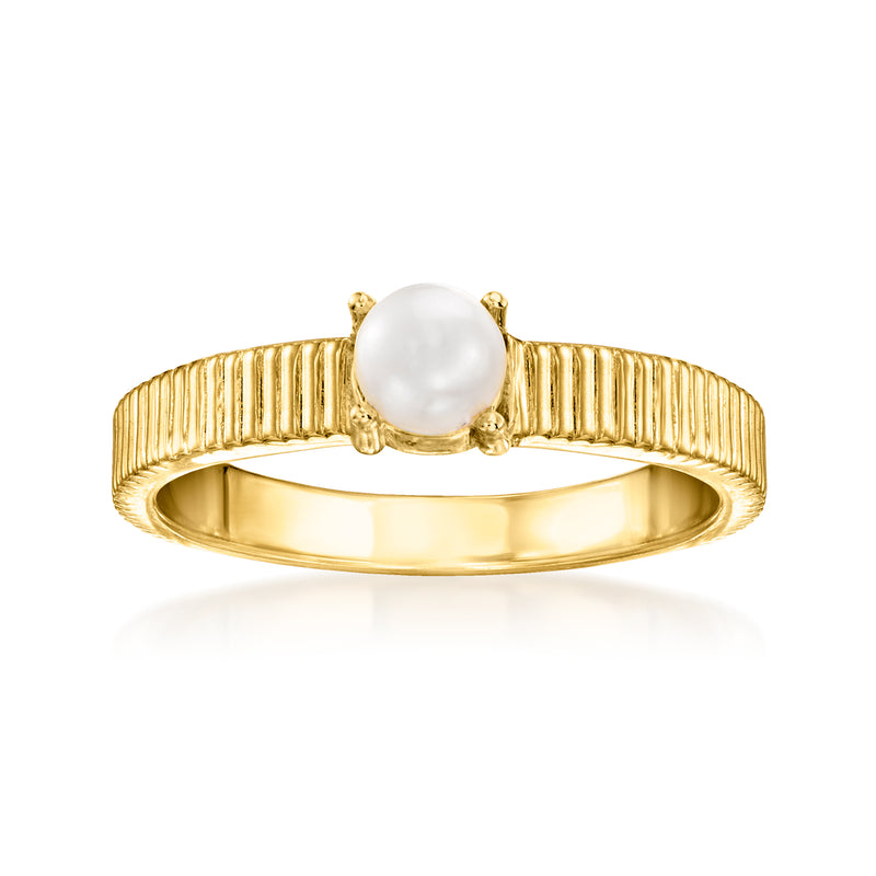 Cultured pearl ridged ring in 18kt gold over sterling, round white pearl on gold band