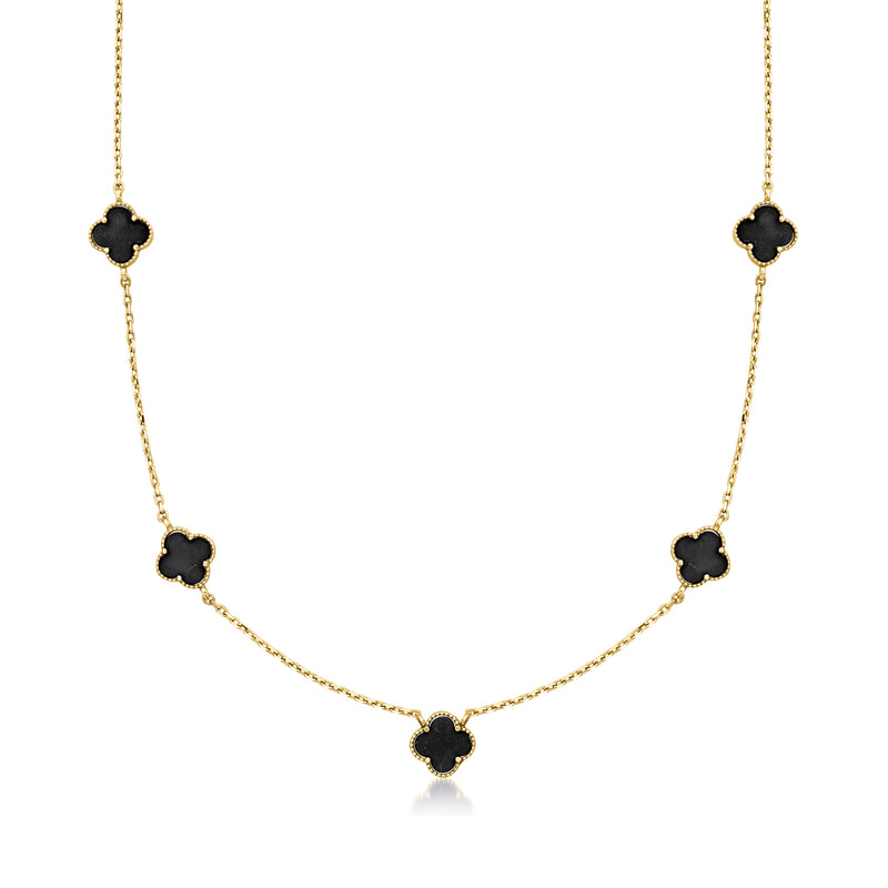 Vintage onyx clover station necklace in 10kt yellow gold with five black clover links