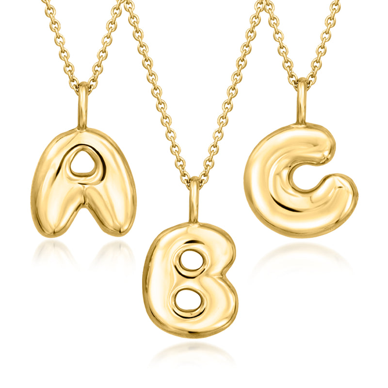 Gold vermeil bubble initial pendant necklace with A, B, and C letters in round settings