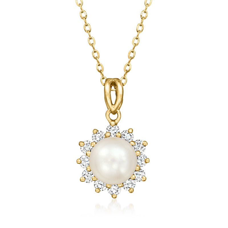 18kt yellow gold pendant necklace with cultured pearl and diamond halo
