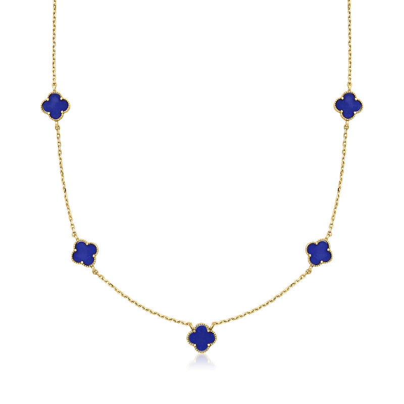 Vintage yellow gold clover station necklace with blue lapis-style round clover pendants