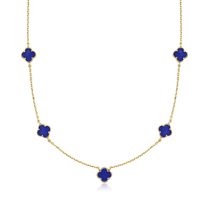 10kt yellow gold clover station necklace with lapis blue stones