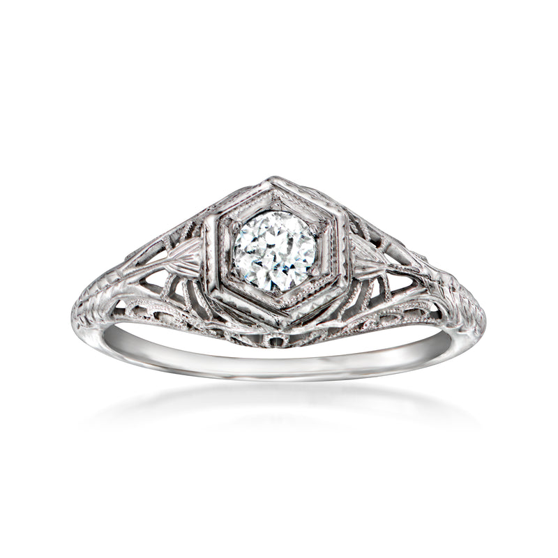 Vintage 18kt white gold diamond filigree ring with round center stone