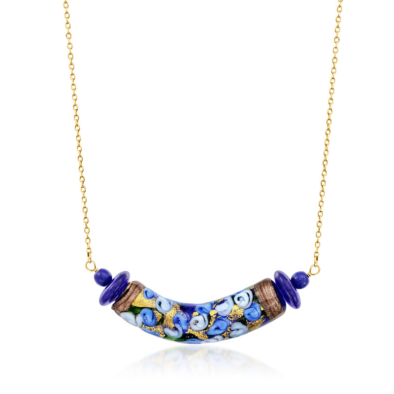 Gold over sterling necklace with blue Murano floral beads and curved glass centerpiece