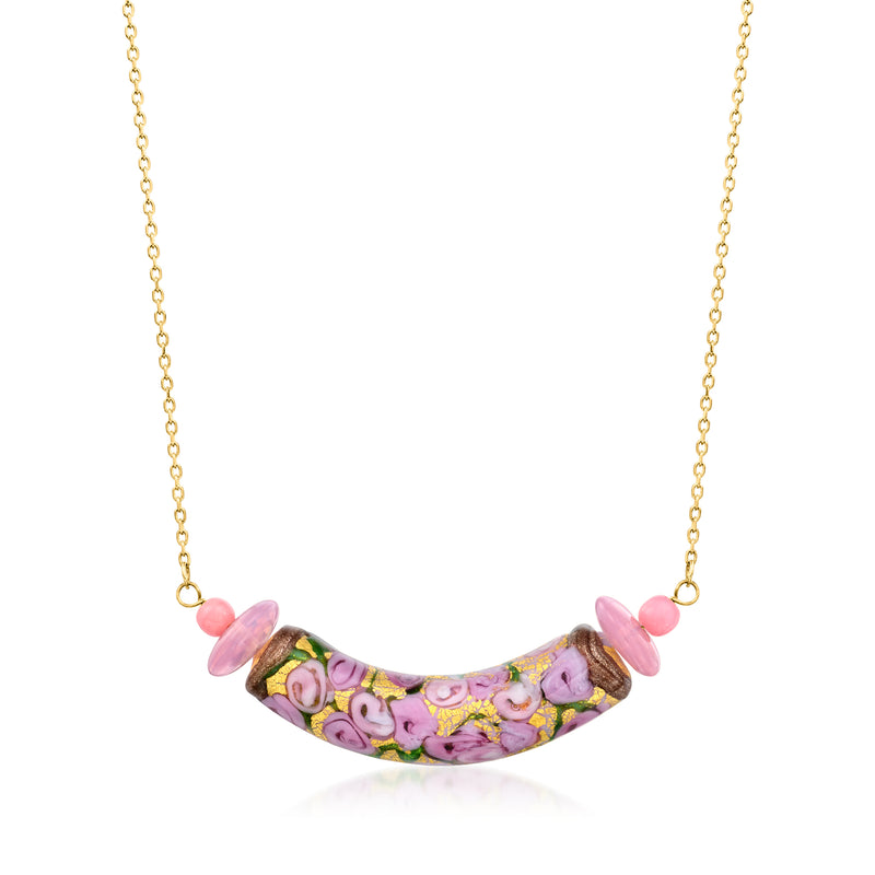 Gold bead necklace with pink Murano floral beads and floral centerpiece